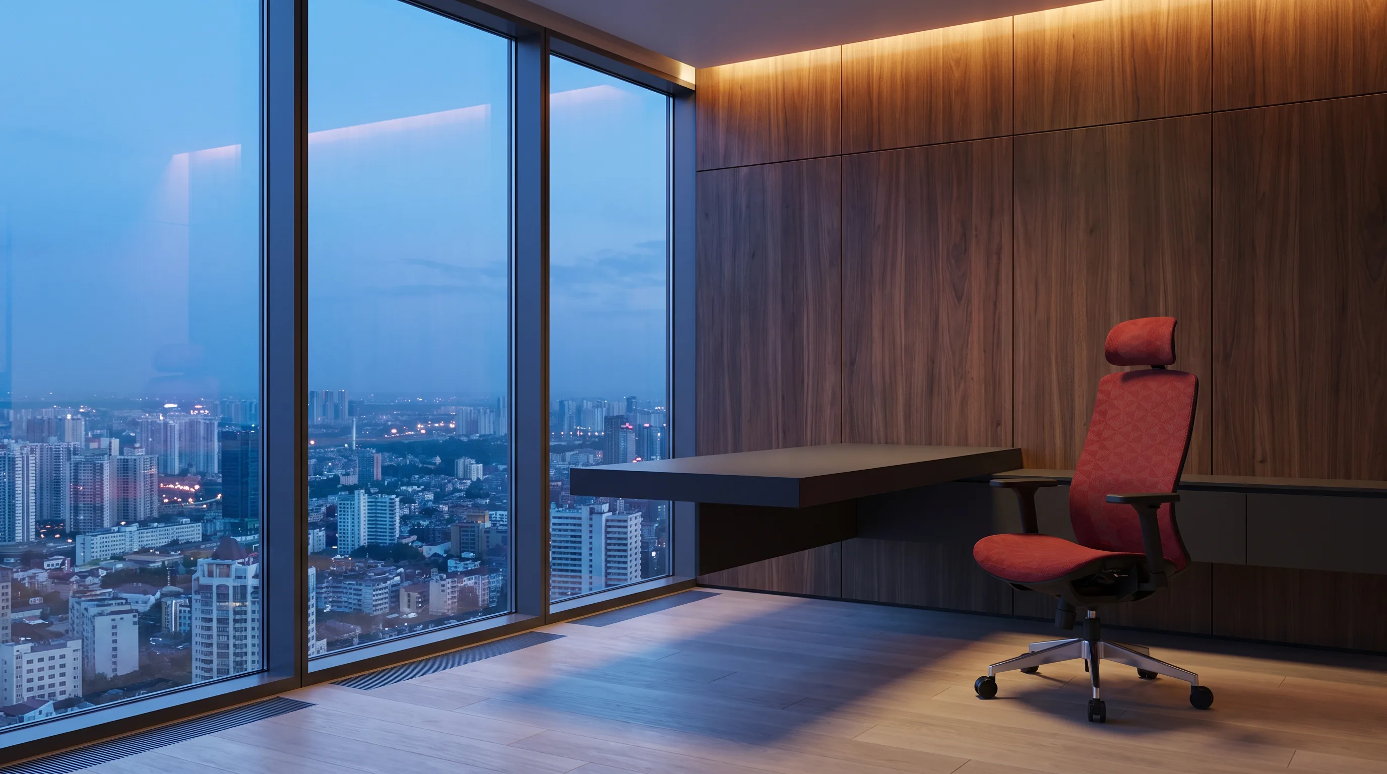 Red Evon mesh task chair in a wood-lined private office overlooking the city