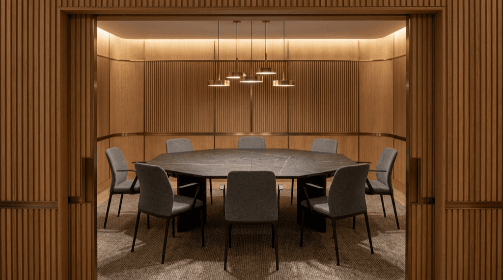 Grey meeting chairs around a dark round table in a timber-lined boardroom