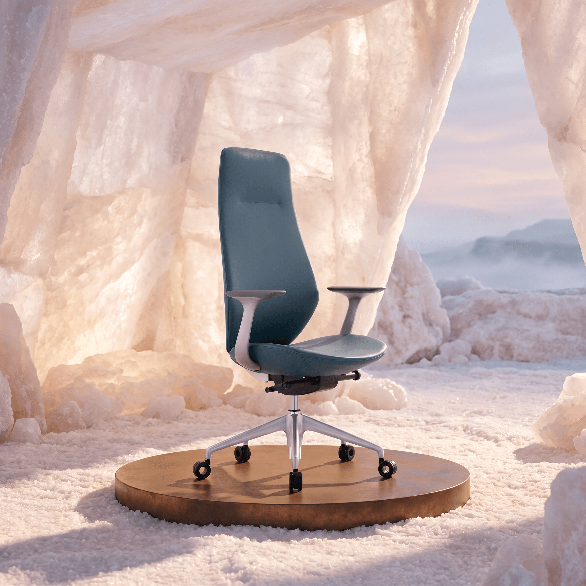 Blue-green Grace high-back office chair displayed against luminous stone arches