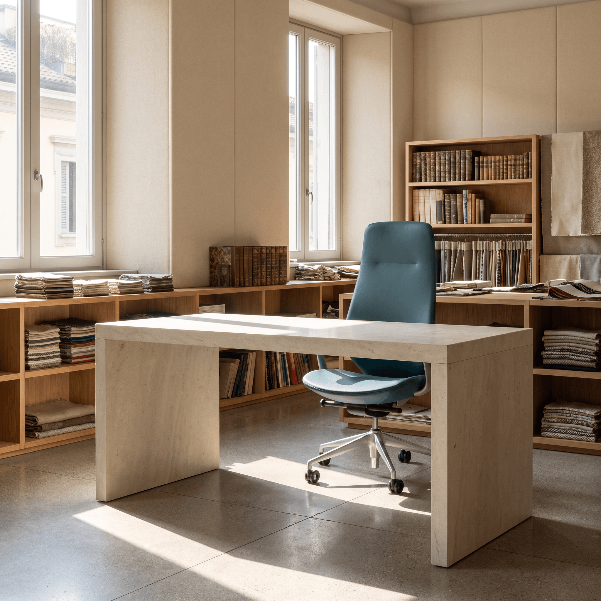 Blue-green Grace high-back office chair in a daylight workspace with timber shelving and a pale stone desk