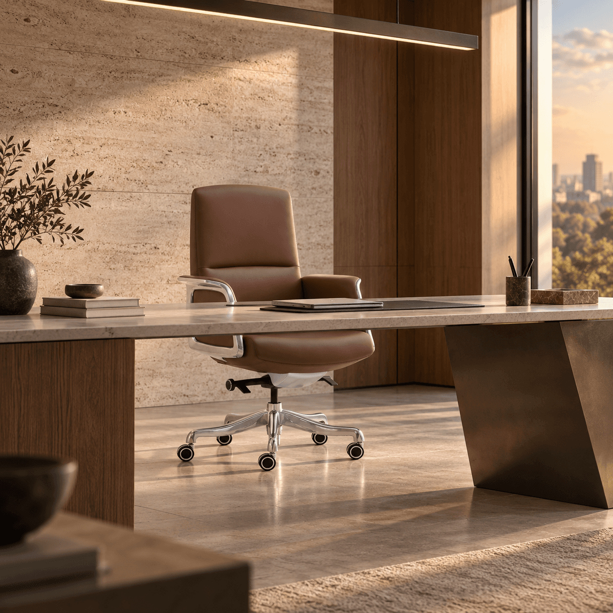 Brown Grandi executive office chair paired with a stone and timber desk in a warm sunset interior