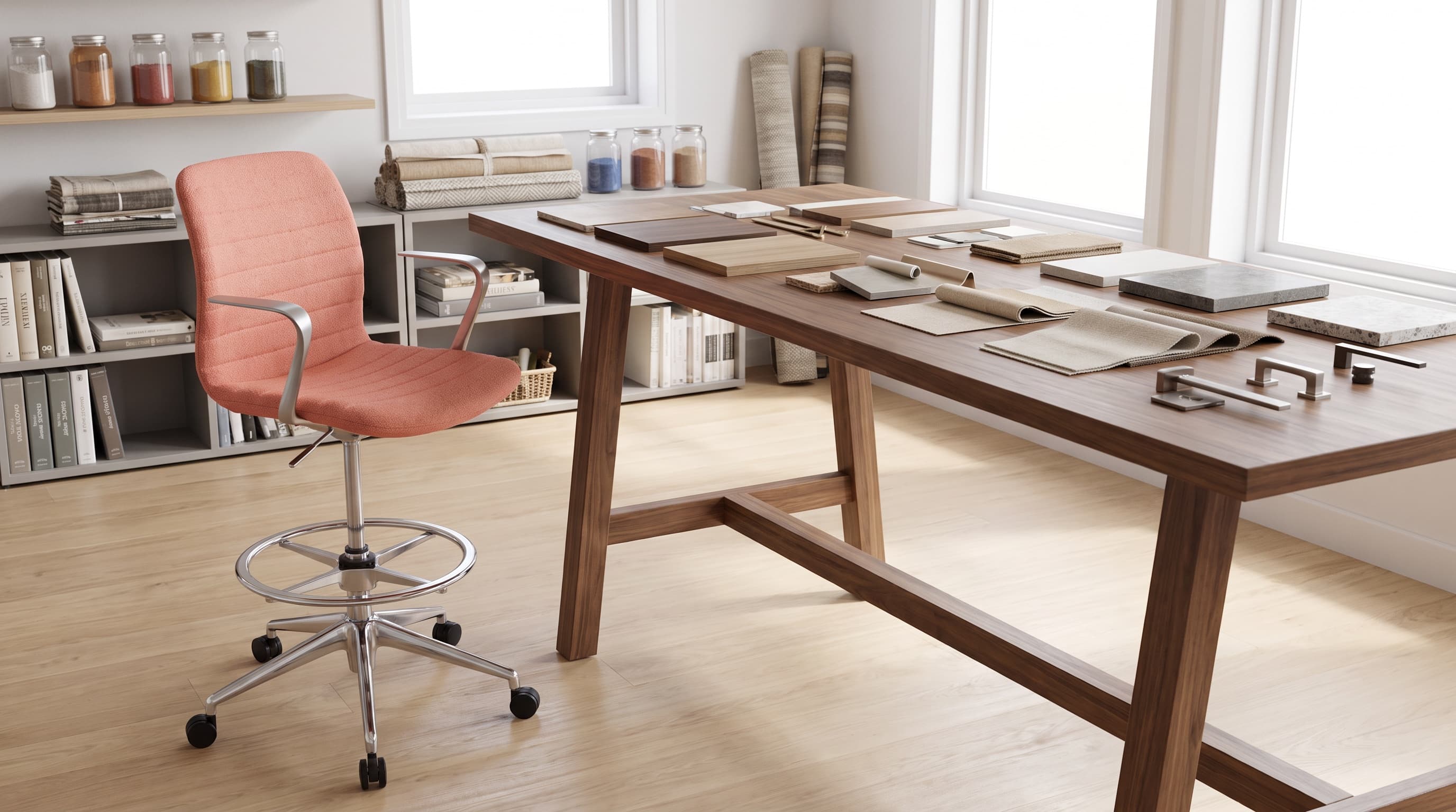 Coral Mira meeting chair beside timber and textile samples in a design studio