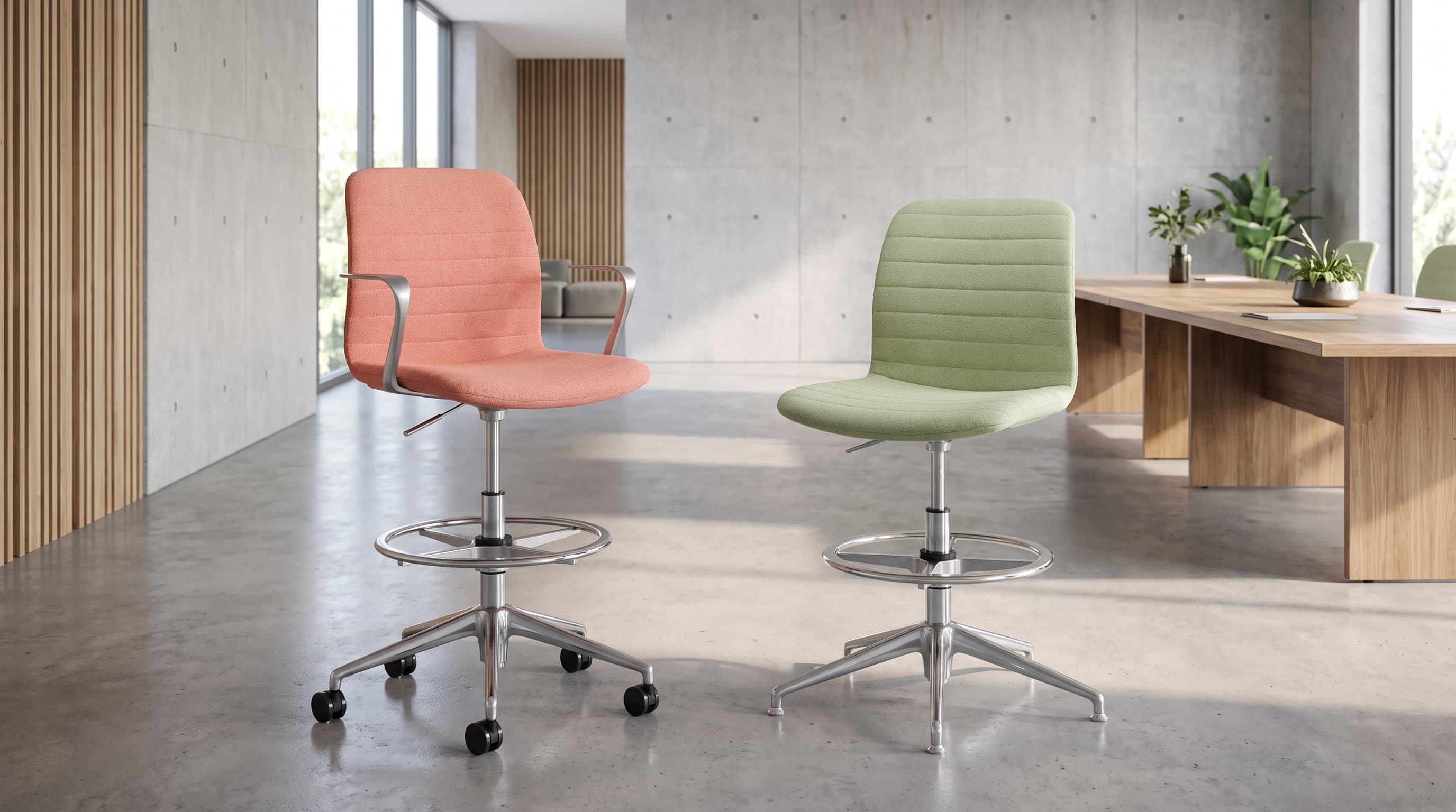 Coral and green Mira meeting chairs in standard and counter-height configurations