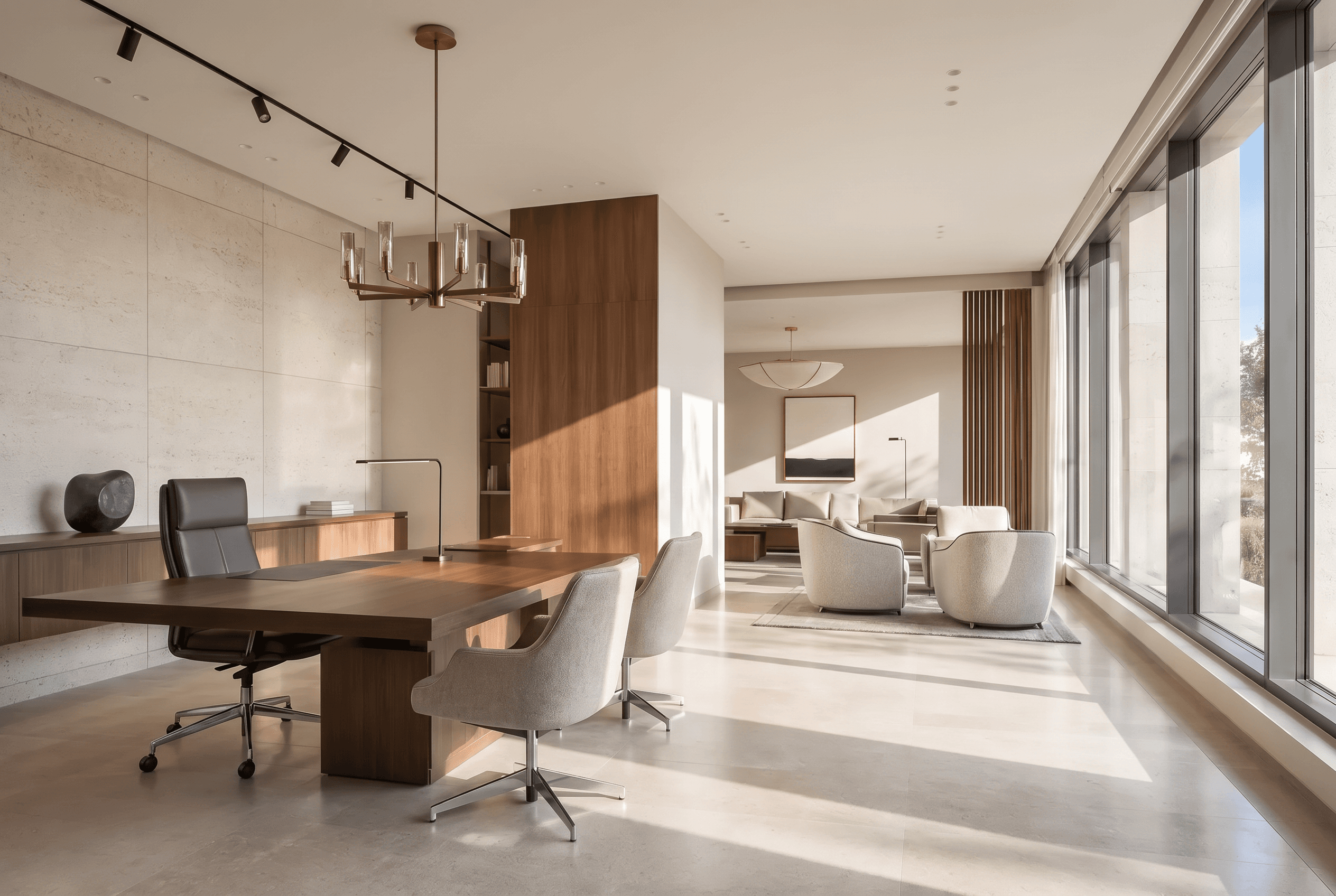 A calm architectural executive workplace in soft daylight